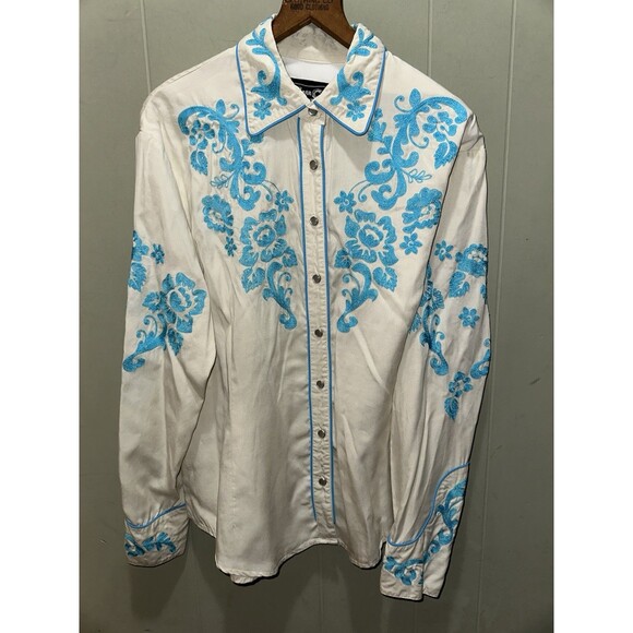 H Bar C Tops - H Bar C Ranchwear Black Label Pearl Snap Womens XL Shirt Heavy Floral Embroidery